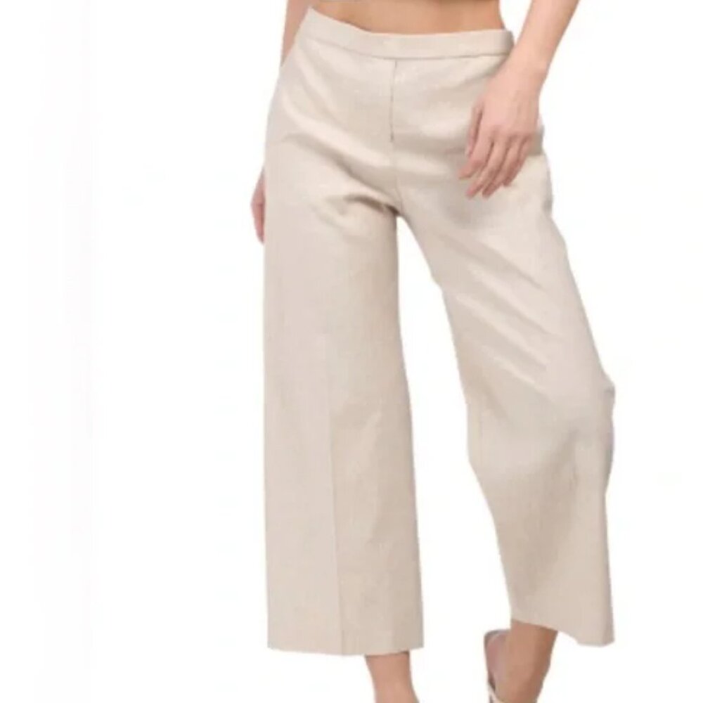 Theory Pull-On Wide Leg Pants Size Large Beige Cropped Linen Blend Summer Boho